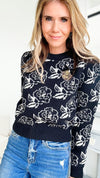 Camellia Embellished Sweater-Black with Pin-140 Sweaters-Taelynn-Coastal Bloom Boutique, find the trendiest versions of the popular styles and looks Located in Indialantic, FL