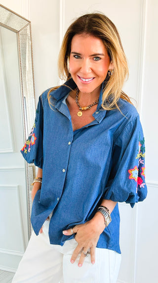 Bloom Stitch Puff Sleeve Italian Button Top