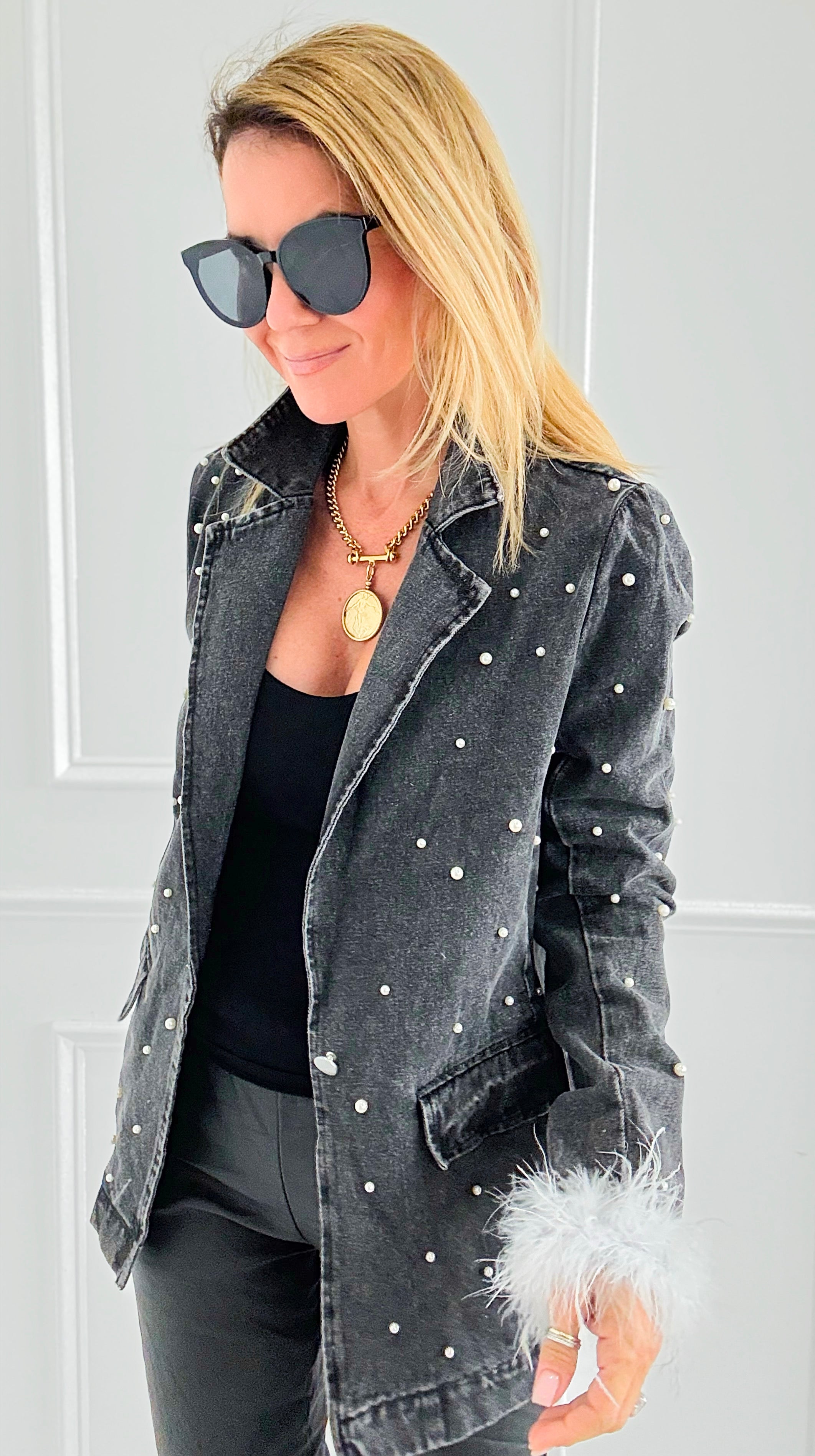 Pearl Glamour Denim Blazer-160 Jackets-ROUSSEAU-Coastal Bloom Boutique, find the trendiest versions of the popular styles and looks Located in Indialantic, FL
