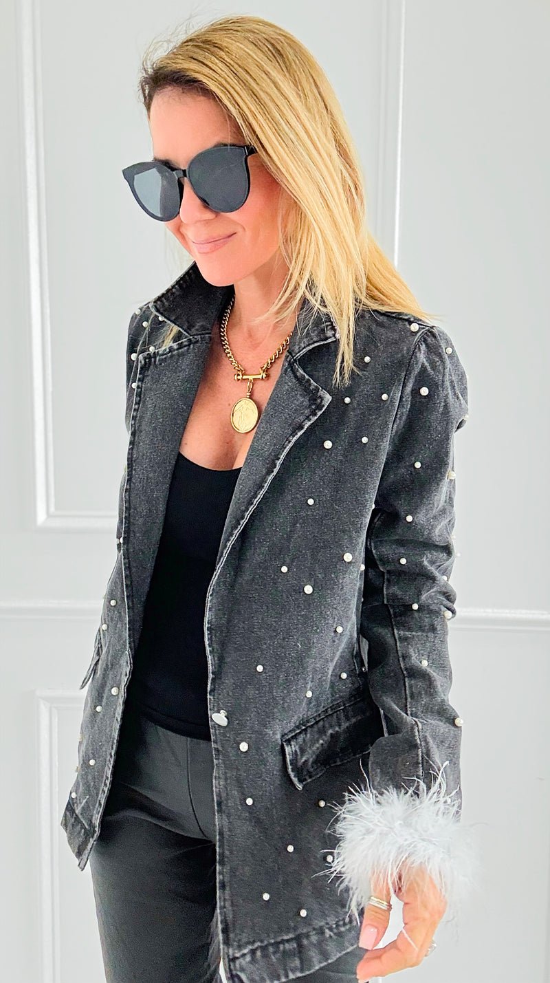 Pearl Glamour Denim Blazer-160 Jackets-ROUSSEAU-Coastal Bloom Boutique, find the trendiest versions of the popular styles and looks Located in Indialantic, FL