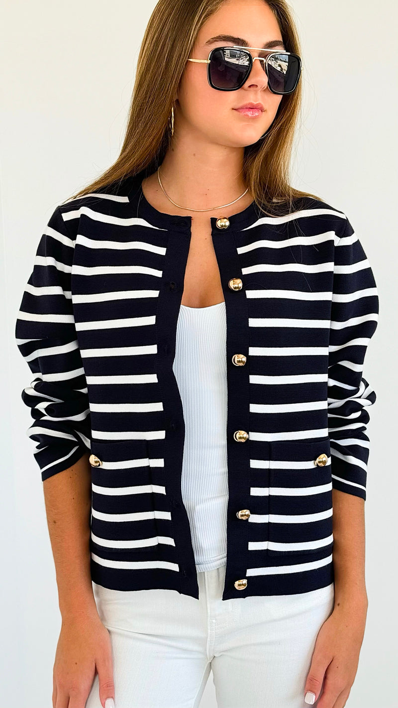 Striped Gold Button Cardigan-150 Cardigans/Layers-See and Be Seen-Coastal Bloom Boutique, find the trendiest versions of the popular styles and looks Located in Indialantic, FL