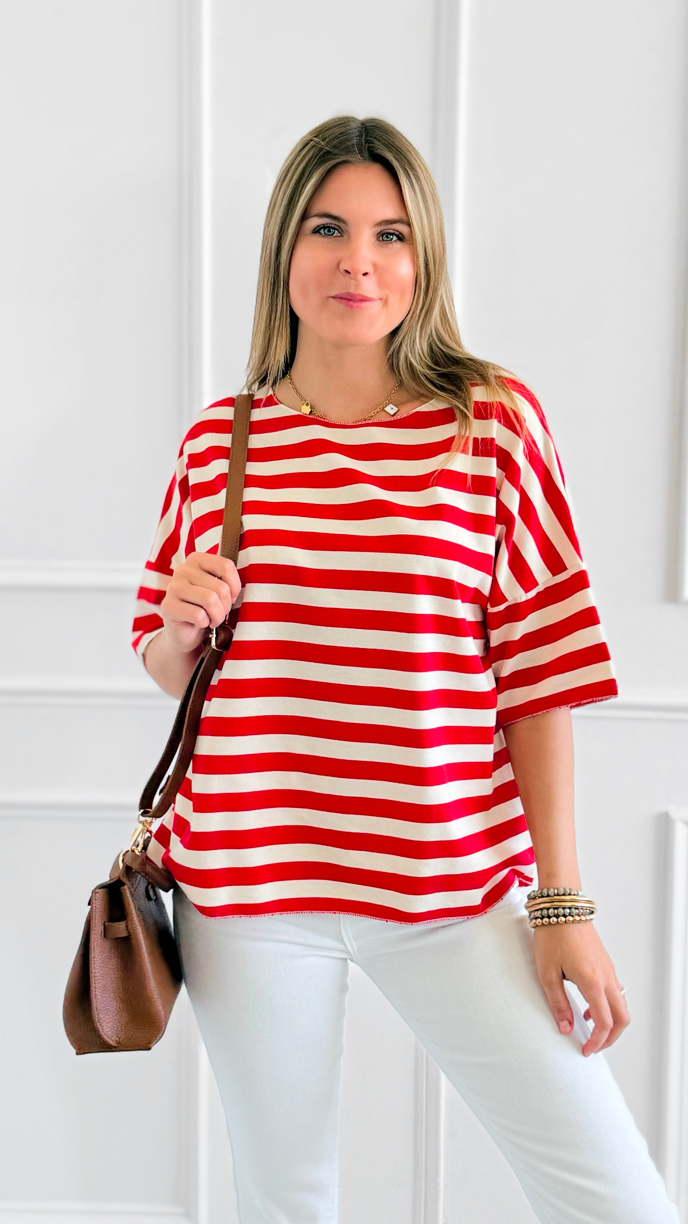 Classic Stripe Italian Short Sleeve Top- Red-110 short Sleeve Top-Italianissimo-Coastal Bloom Boutique, find the trendiest versions of the popular styles and looks Located in Indialantic, FL