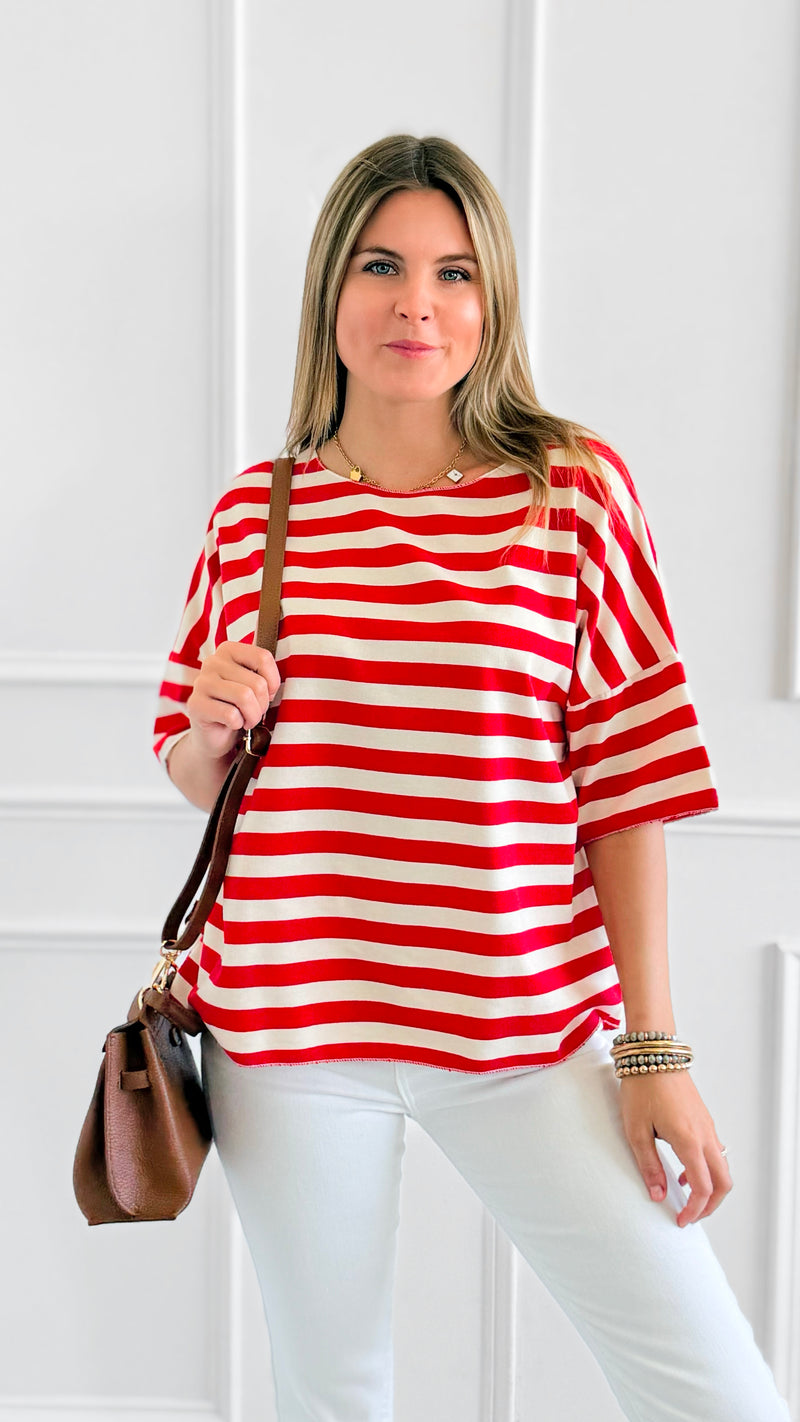 Classic Stripe Italian Short Sleeve Top- Red-110 short Sleeve Top-Italianissimo-Coastal Bloom Boutique, find the trendiest versions of the popular styles and looks Located in Indialantic, FL