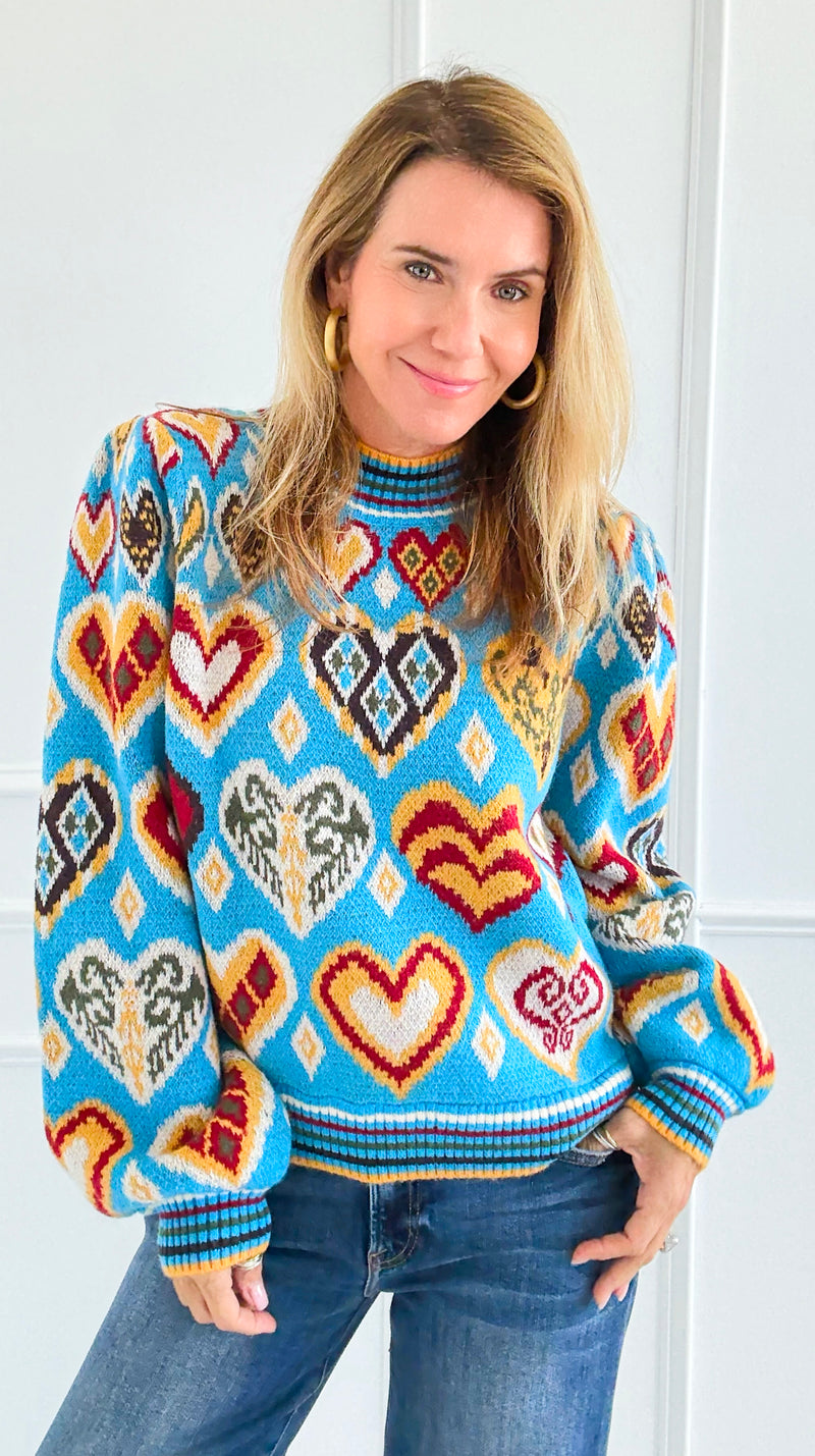 Kaleidohearts Puff Sleeve Sweater-140 Sweaters-&MERCI-Coastal Bloom Boutique, find the trendiest versions of the popular styles and looks Located in Indialantic, FL