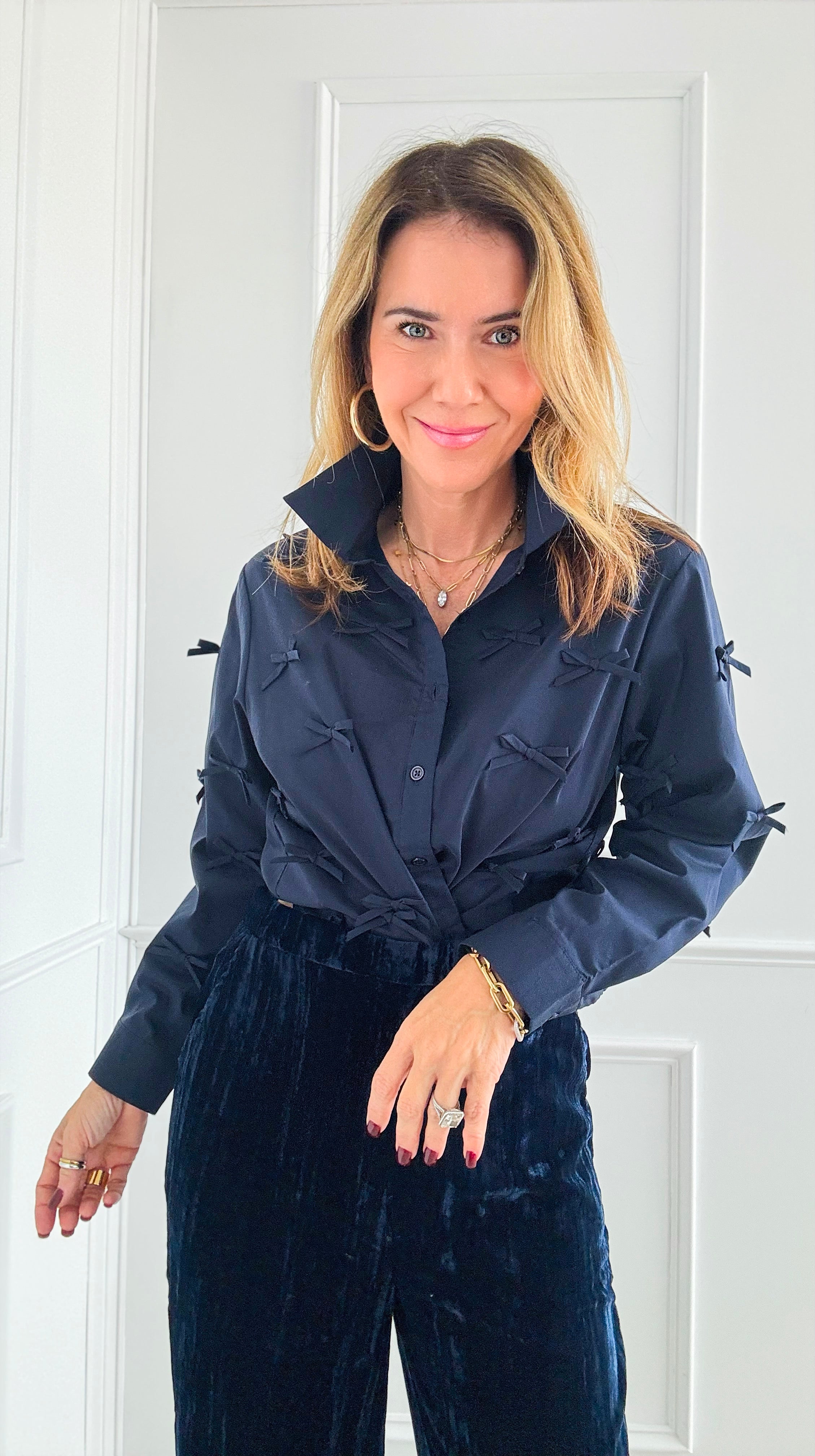 Elegance in Bows Top - Navy-130 Long Sleeve Tops-Joh Apparel-Coastal Bloom Boutique, find the trendiest versions of the popular styles and looks Located in Indialantic, FL