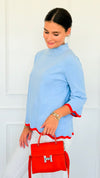 Waves & Whimsy Scallop Sweater- Soft Blue/Orange-140 Sweaters-Fate Inc-Coastal Bloom Boutique, find the trendiest versions of the popular styles and looks Located in Indialantic, FL