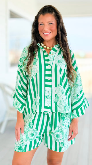 Striped Bloom Button Down Set - Emerald