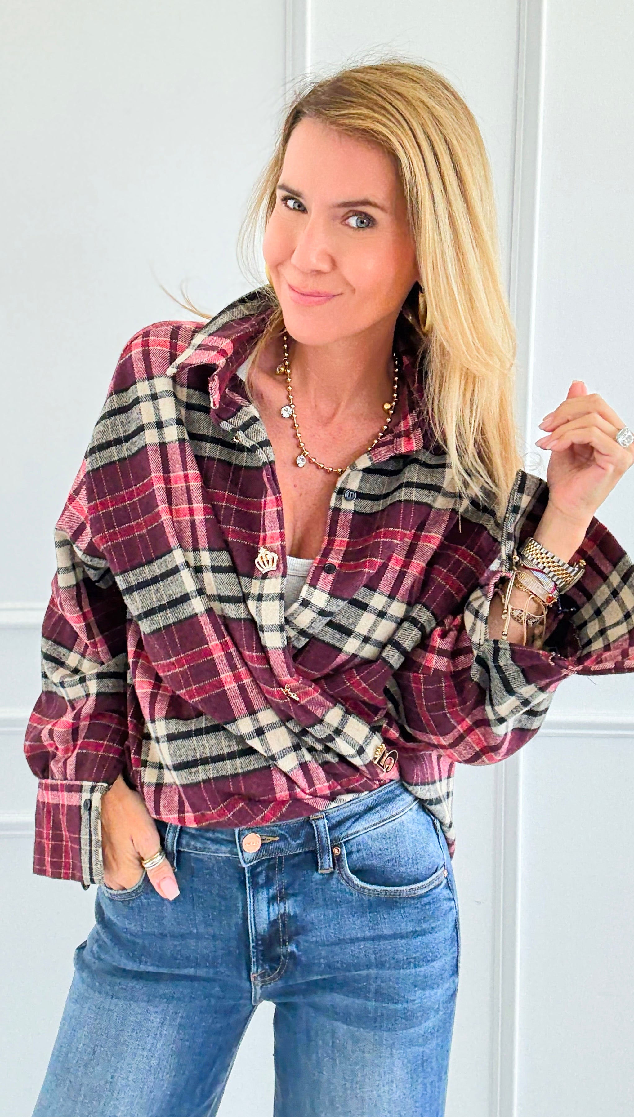 Pretty In Plaid Italian Top-110 Long Sleeve Tops-TATTOO Z-Coastal Bloom Boutique, find the trendiest versions of the popular styles and looks Located in Indialantic, FL
