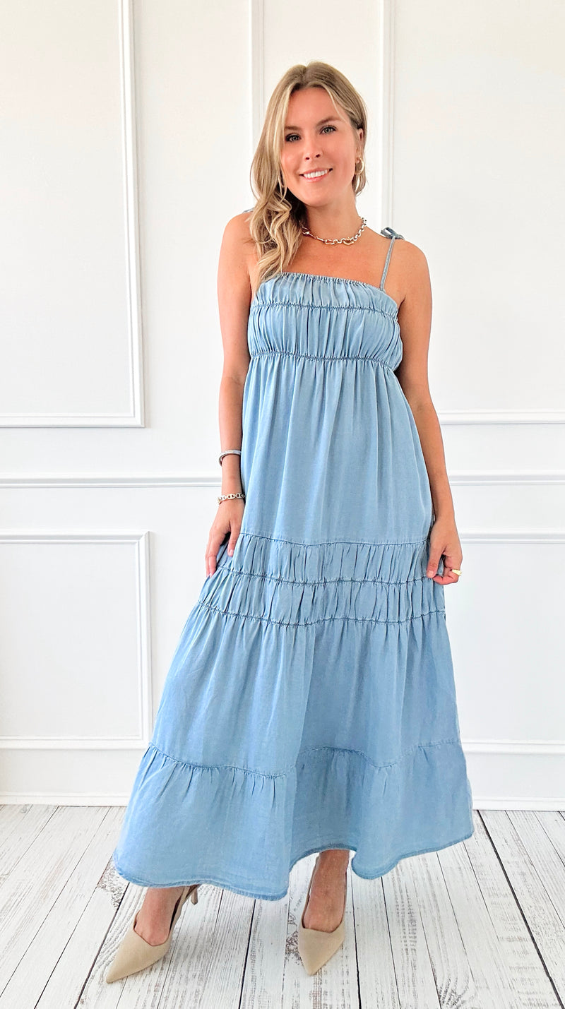 Coastal Chambray Tie Strap Maxi Dress-200 Dresses/Jumpsuits/Rompers-Blu Pepper-Coastal Bloom Boutique, find the trendiest versions of the popular styles and looks Located in Indialantic, FL
