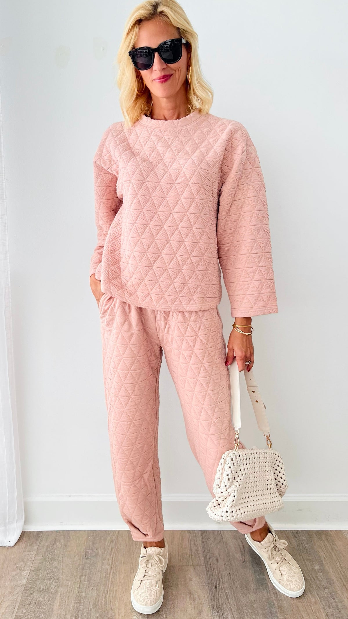 Taylor Quilted Long Sleeve Set - Blush-210 Loungewear/Sets-See and Be Seen-Coastal Bloom Boutique, find the trendiest versions of the popular styles and looks Located in Indialantic, FL