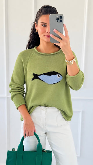 Coastal Fish Graphic Crew Neck Sweater