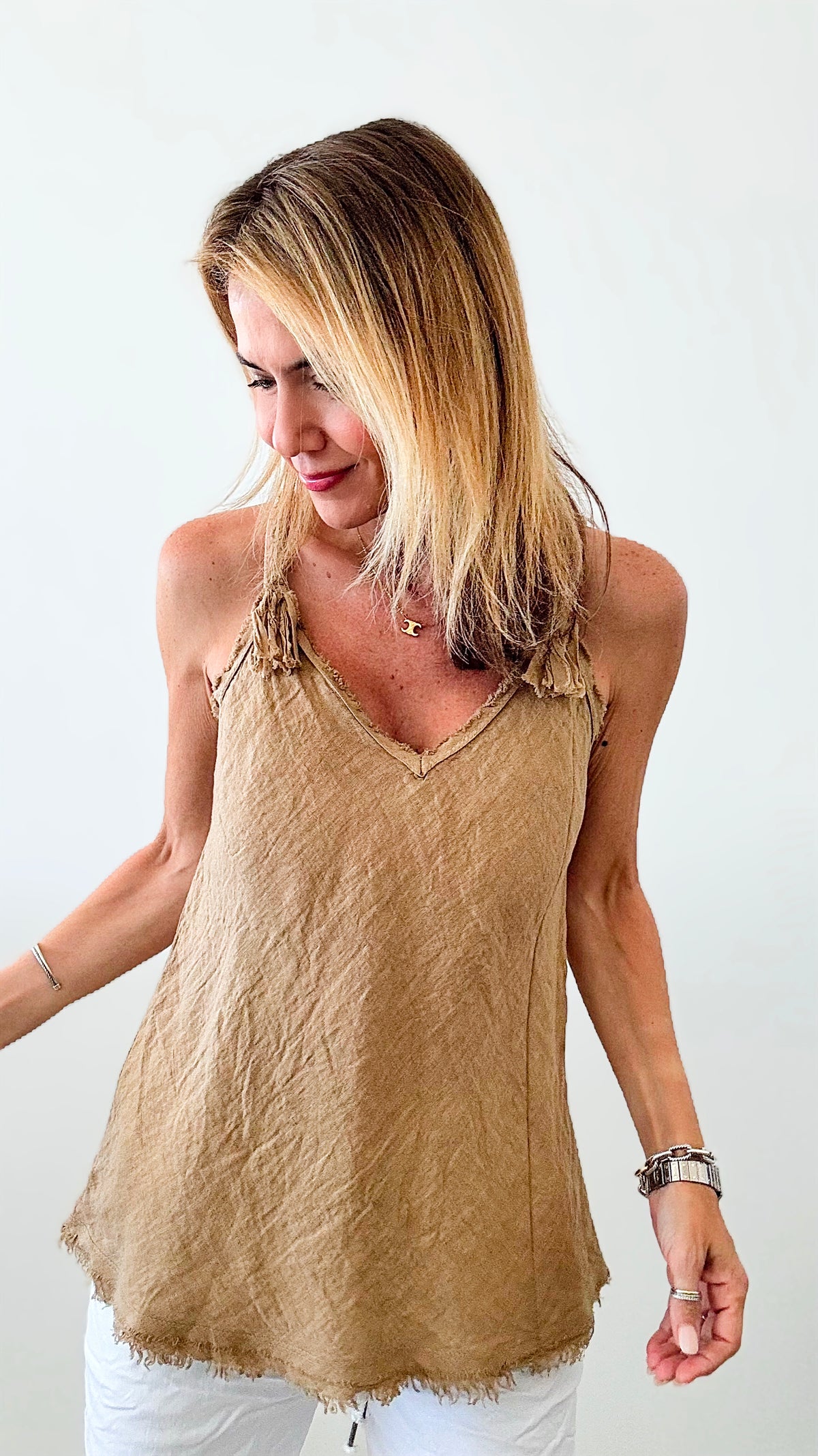 Braided Detail Italian Linen Tank - Light Camel-100 Sleeveless Tops-Italianissimo-Coastal Bloom Boutique, find the trendiest versions of the popular styles and looks Located in Indialantic, FL
