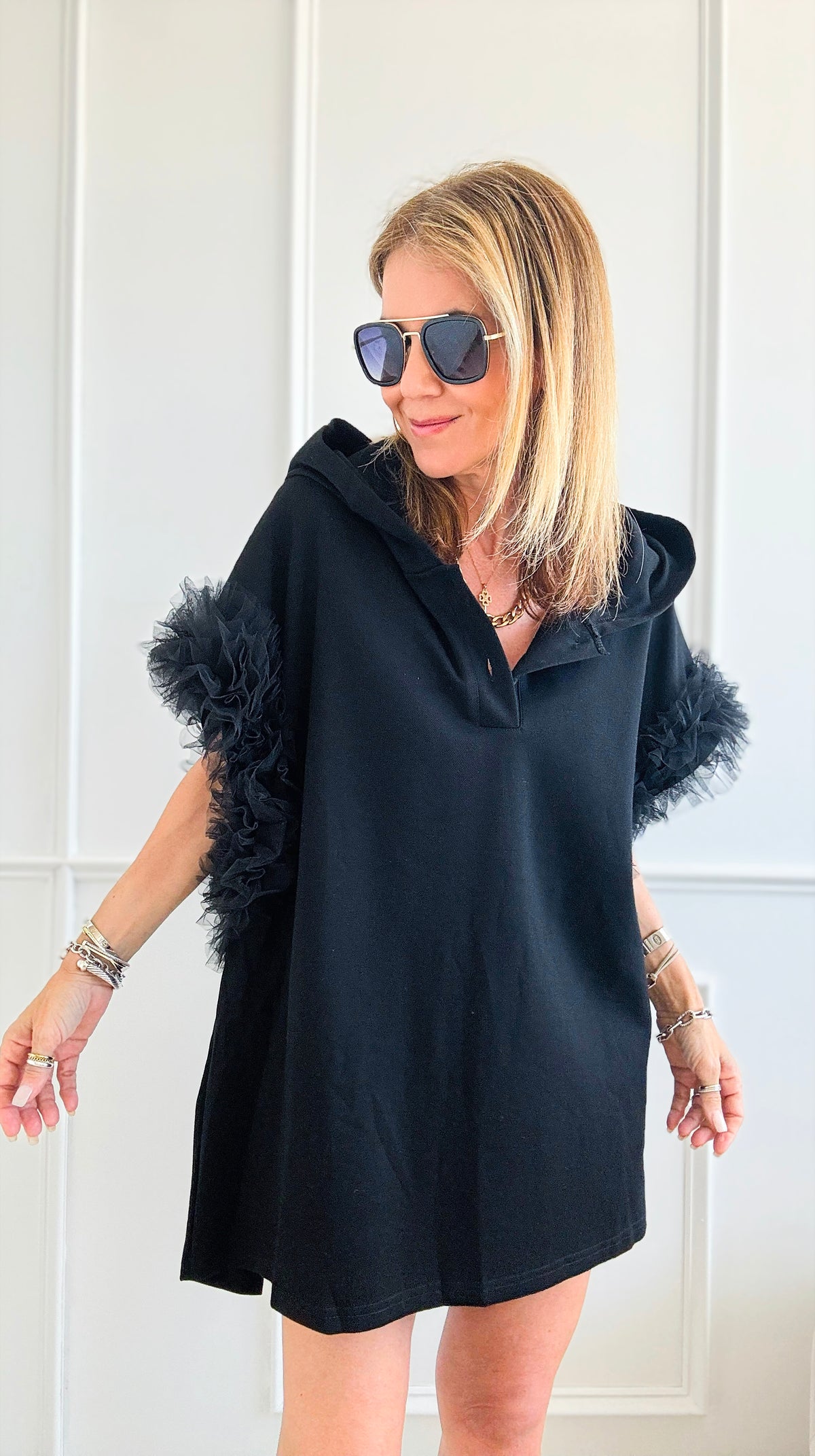 Oversized Short Ruffled Sleeved Hooded Henley - Black-110 Short Sleeve Tops-LA ROS-Coastal Bloom Boutique, find the trendiest versions of the popular styles and looks Located in Indialantic, FL