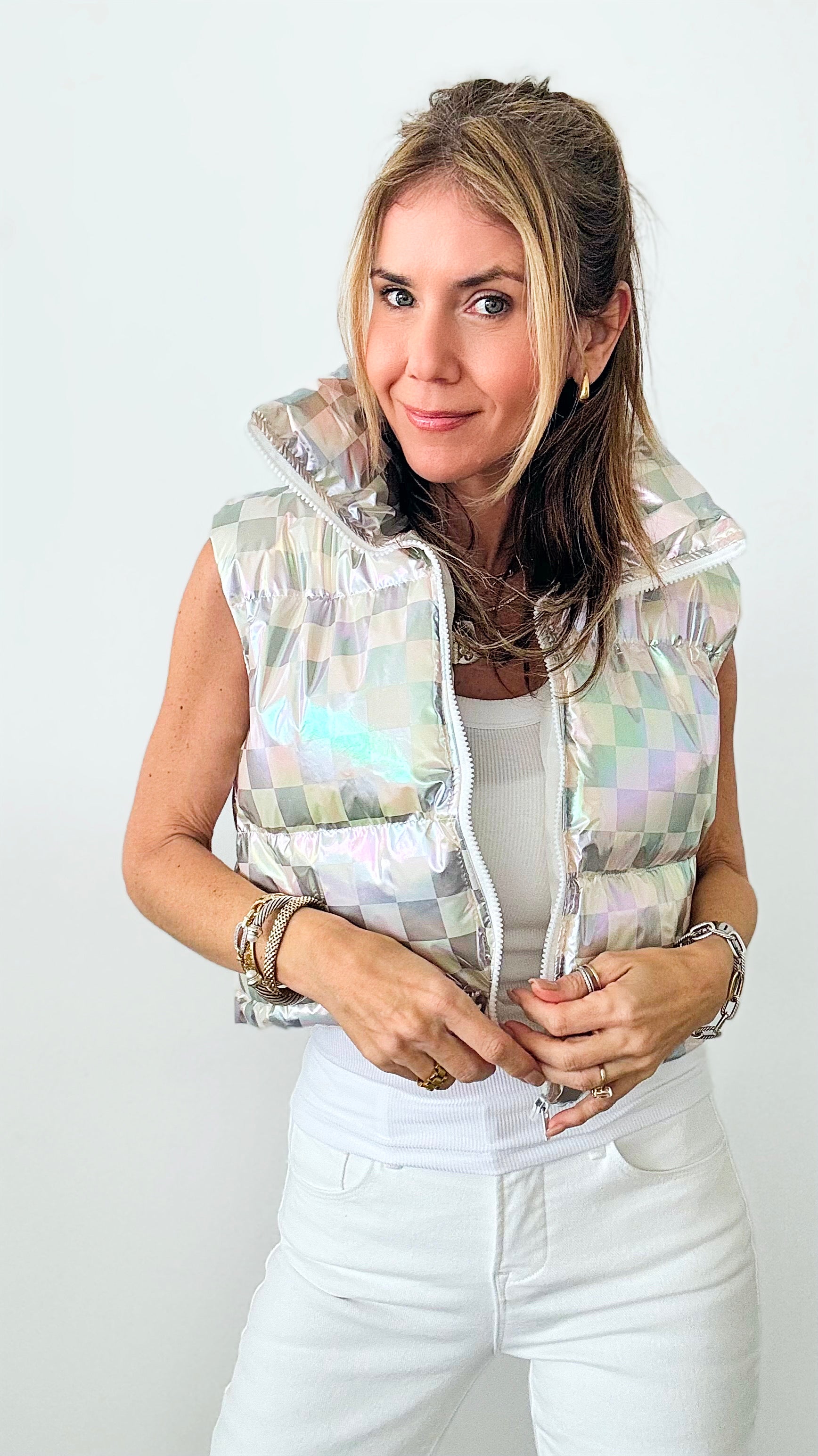 Metallic Checker Puffer Vest - Off White-160 Jackets-MISS SPARKLING-Coastal Bloom Boutique, find the trendiest versions of the popular styles and looks Located in Indialantic, FL