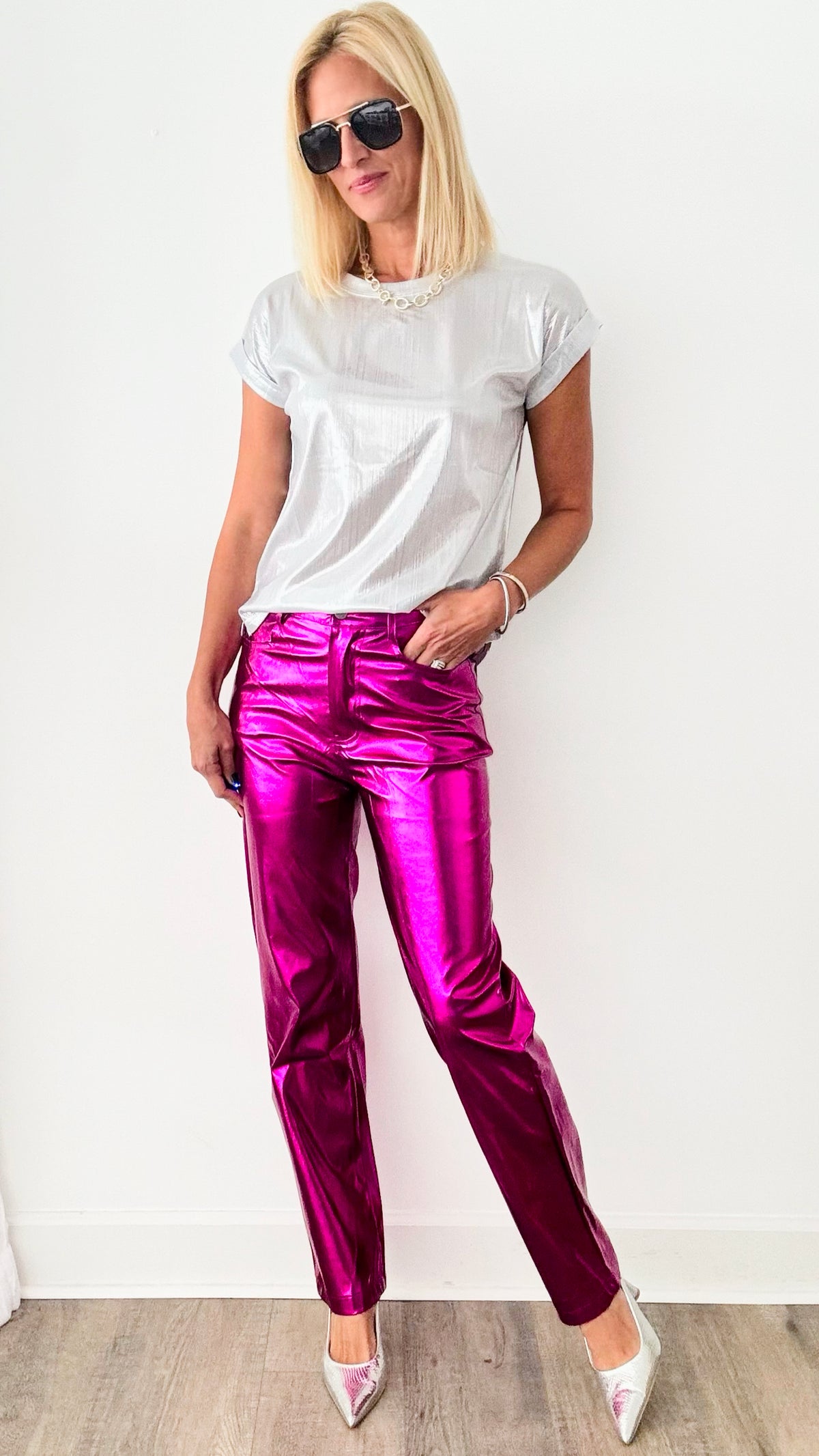Metallic Moment High-Waist Pants - Magenta-170 Bottoms-KIWI-Coastal Bloom Boutique, find the trendiest versions of the popular styles and looks Located in Indialantic, FL