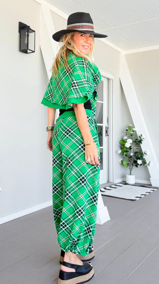 Plaid Cancelled Plans Italian Joggers - Kelly Green