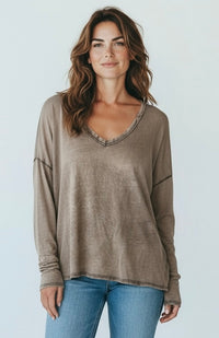 Italian Mineral Wash V-Neck Top-Taupe-110 Long Sleeve Tops-FATTURA ACCOMPAGNATORIA-Coastal Bloom Boutique, find the trendiest versions of the popular styles and looks Located in Indialantic, FL
