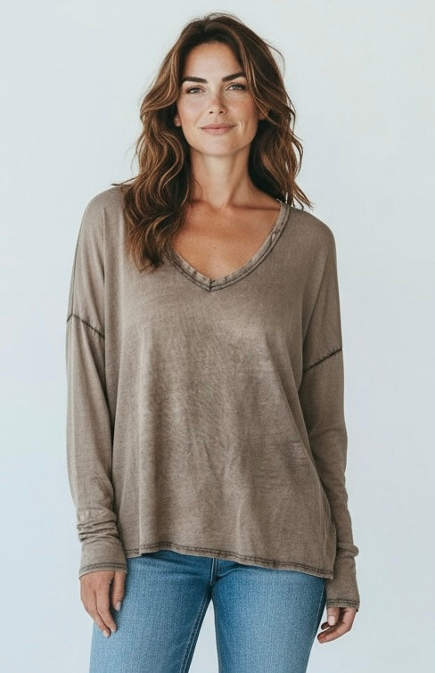 Italian Mineral Wash V-Neck Top-Taupe-110 Long Sleeve Tops-FATTURA ACCOMPAGNATORIA-Coastal Bloom Boutique, find the trendiest versions of the popular styles and looks Located in Indialantic, FL