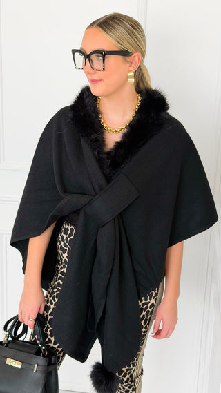 Plush Collar Wrap Poncho - Black