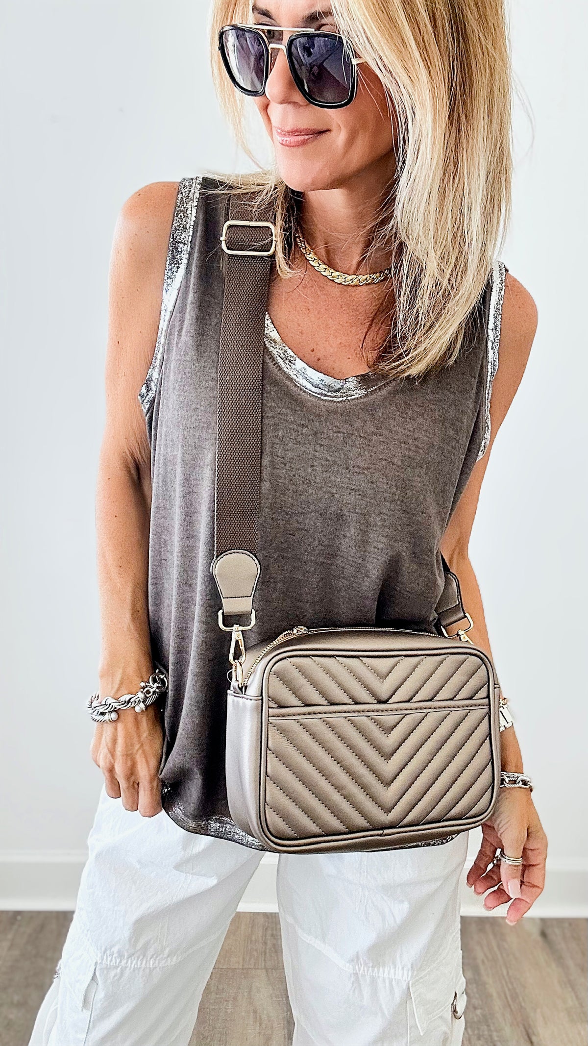 Silver Metallic Trim Italian Tank - Chocolate-100 Sleeveless Tops-yolly-Coastal Bloom Boutique, find the trendiest versions of the popular styles and looks Located in Indialantic, FL