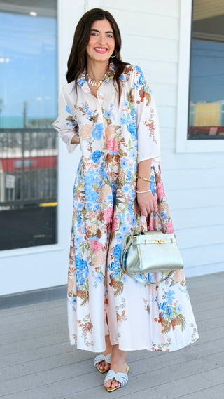 Botanical Floral Button Up Italian Maxi Dress- Ivory