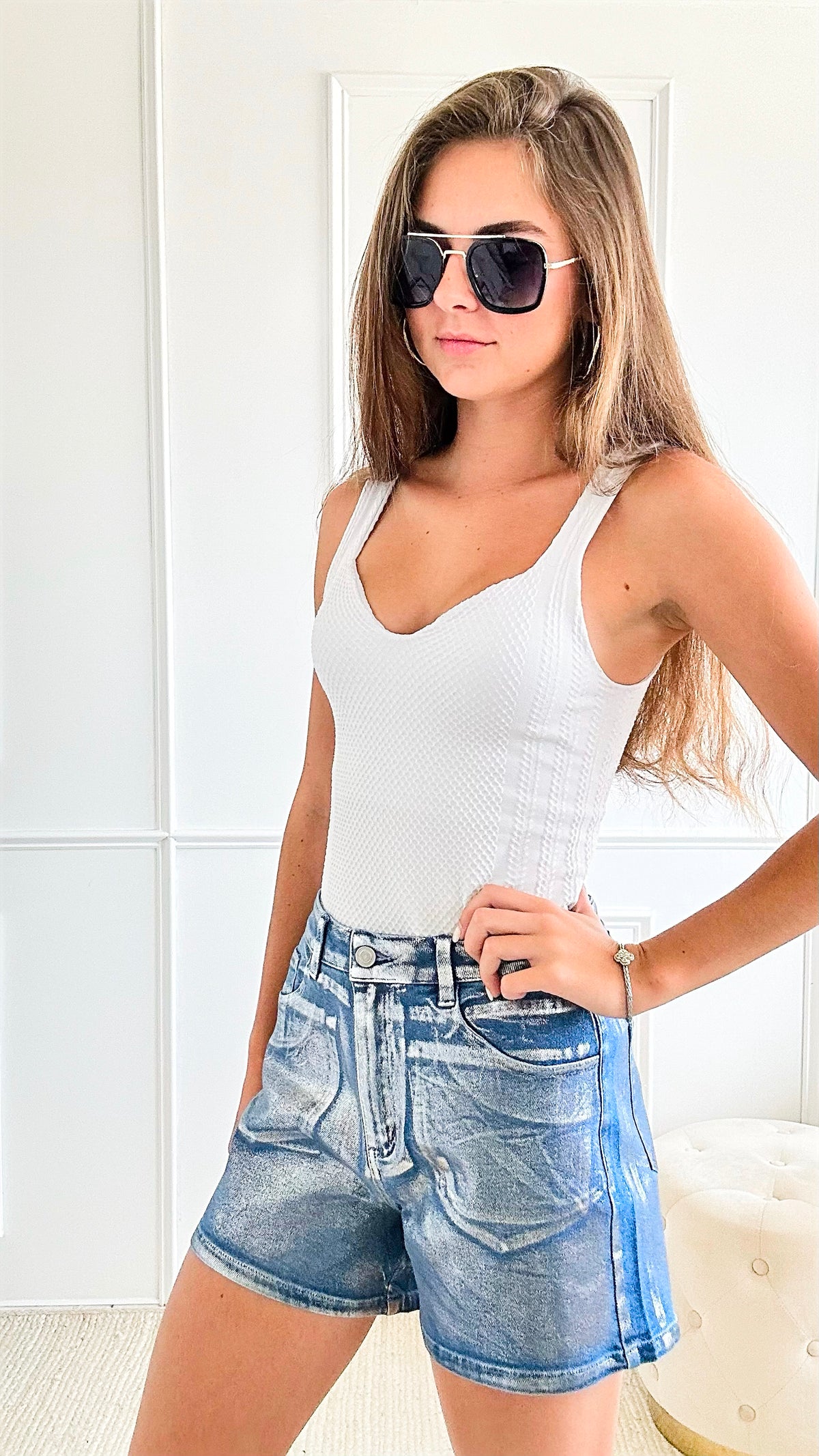 Silver Foil Detailed Denim Shorts-190 Denim-JJ'S FAIRYLAND-Coastal Bloom Boutique, find the trendiest versions of the popular styles and looks Located in Indialantic, FL