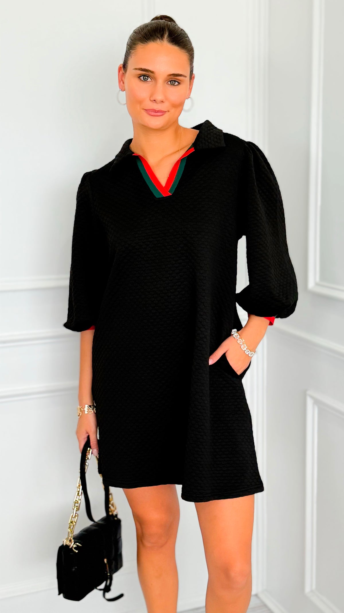 Prep School Puff Sleeve Dress - Black-200 Dresses/Jumpsuits/Rompers-JODIFL-Coastal Bloom Boutique, find the trendiest versions of the popular styles and looks Located in Indialantic, FL