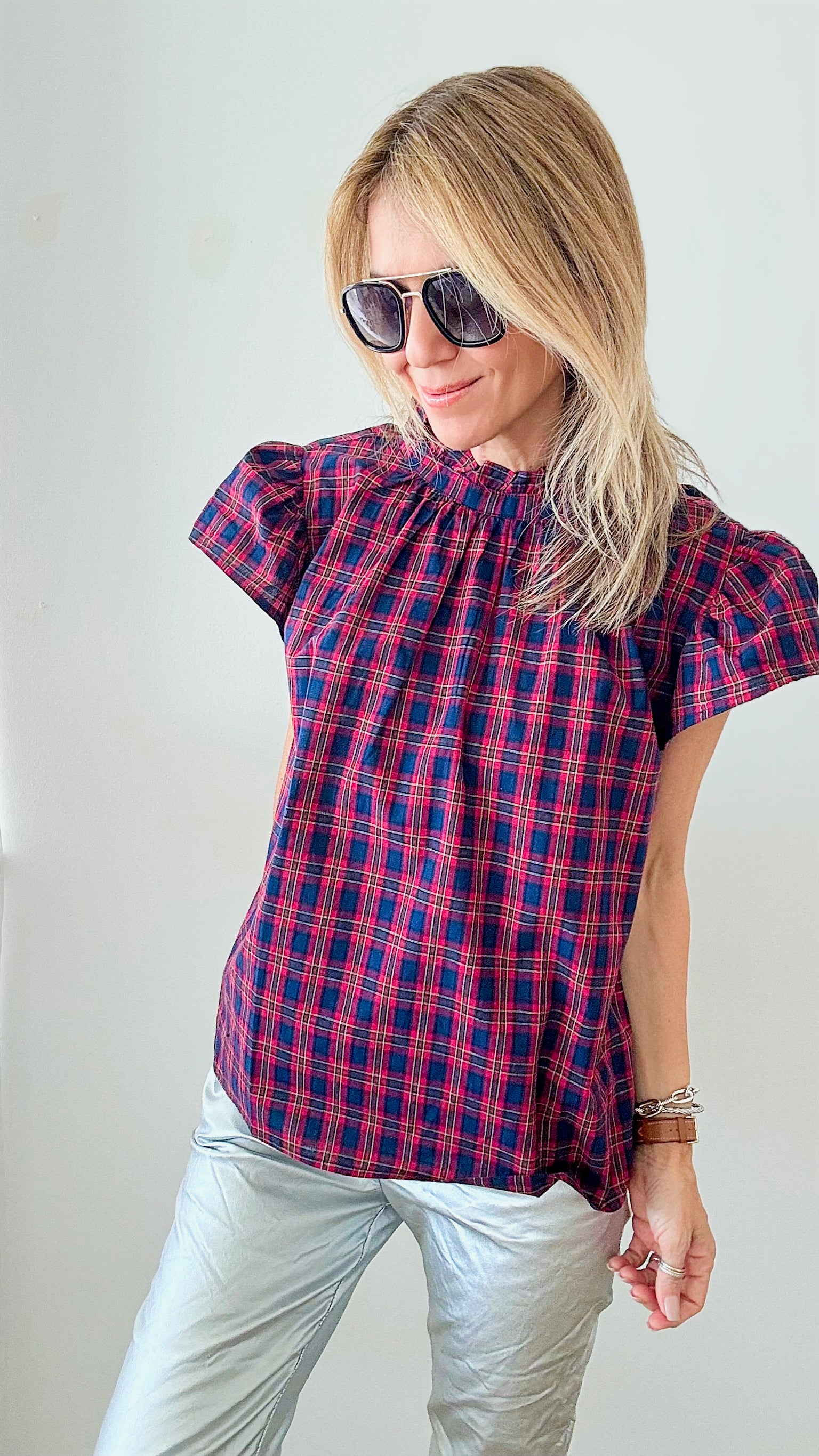 Plaid Flutter Sleeves Blouse - Red + Navy-110 Short Sleeve Tops-day + moon-Coastal Bloom Boutique, find the trendiest versions of the popular styles and looks Located in Indialantic, FL