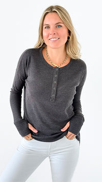 Button-Front Waffle Knit Top - Black-110 Long Sleeve Tops-Zenana-Coastal Bloom Boutique, find the trendiest versions of the popular styles and looks Located in Indialantic, FL