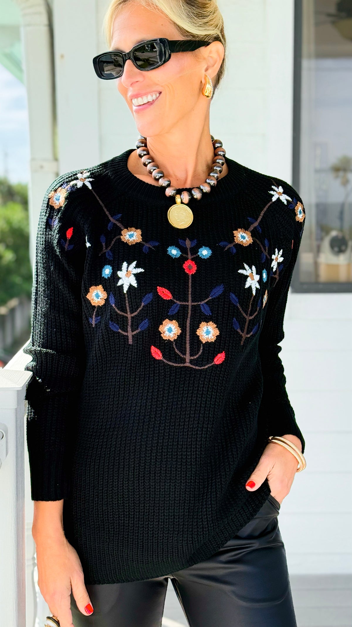 Midnight Meadow Embroidered Sweater-110 Long Sleeve Tops-simi bloom-Coastal Bloom Boutique, find the trendiest versions of the popular styles and looks Located in Indialantic, FL