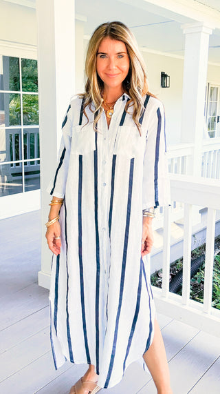 Weekend Sail Stripe Italian Button Dress- White