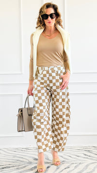Checkered Denim Pants - Mocha-170 Bottoms-oddi-Coastal Bloom Boutique, find the trendiest versions of the popular styles and looks Located in Indialantic, FL