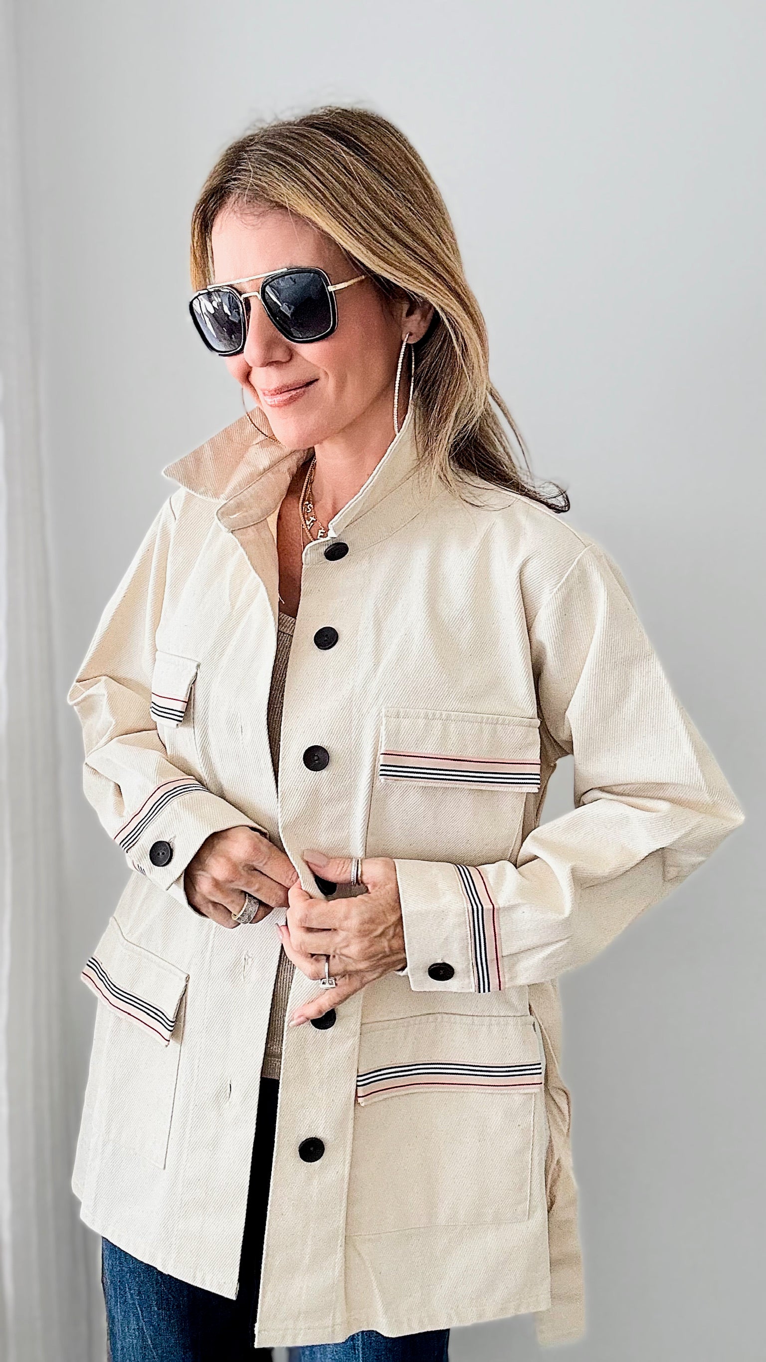 CB Custom - Bee & Ribbon Canvas Button Down Belted Jacket-160 Jackets-Rousseau-Coastal Bloom Boutique, find the trendiest versions of the popular styles and looks Located in Indialantic, FL