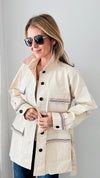 CB Custom - Bee & Ribbon Canvas Button Down Belted Jacket-160 Jackets-Holly / Rousseau-Coastal Bloom Boutique, find the trendiest versions of the popular styles and looks Located in Indialantic, FL