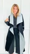 Two-Tone Wrap Belted Coat - Black-160 Jackets-V6-Coastal Bloom Boutique, find the trendiest versions of the popular styles and looks Located in Indialantic, FL
