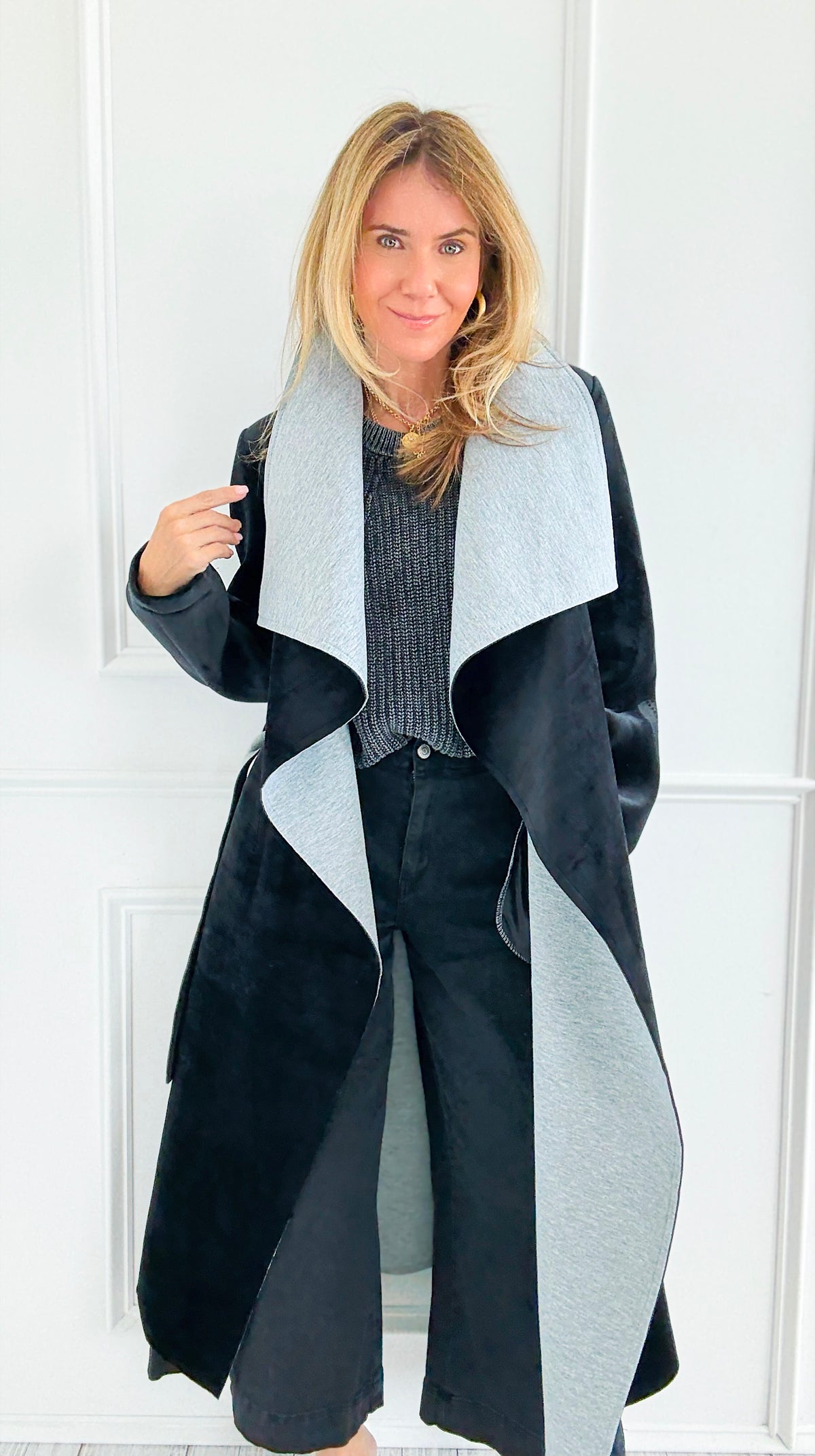 Two-Tone Wrap Belted Coat - Black-160 Jackets-V6-Coastal Bloom Boutique, find the trendiest versions of the popular styles and looks Located in Indialantic, FL
