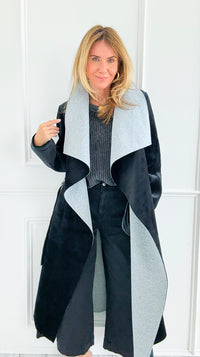 Two-Tone Wrap Belted Coat - Black-160 Jackets-V6-Coastal Bloom Boutique, find the trendiest versions of the popular styles and looks Located in Indialantic, FL