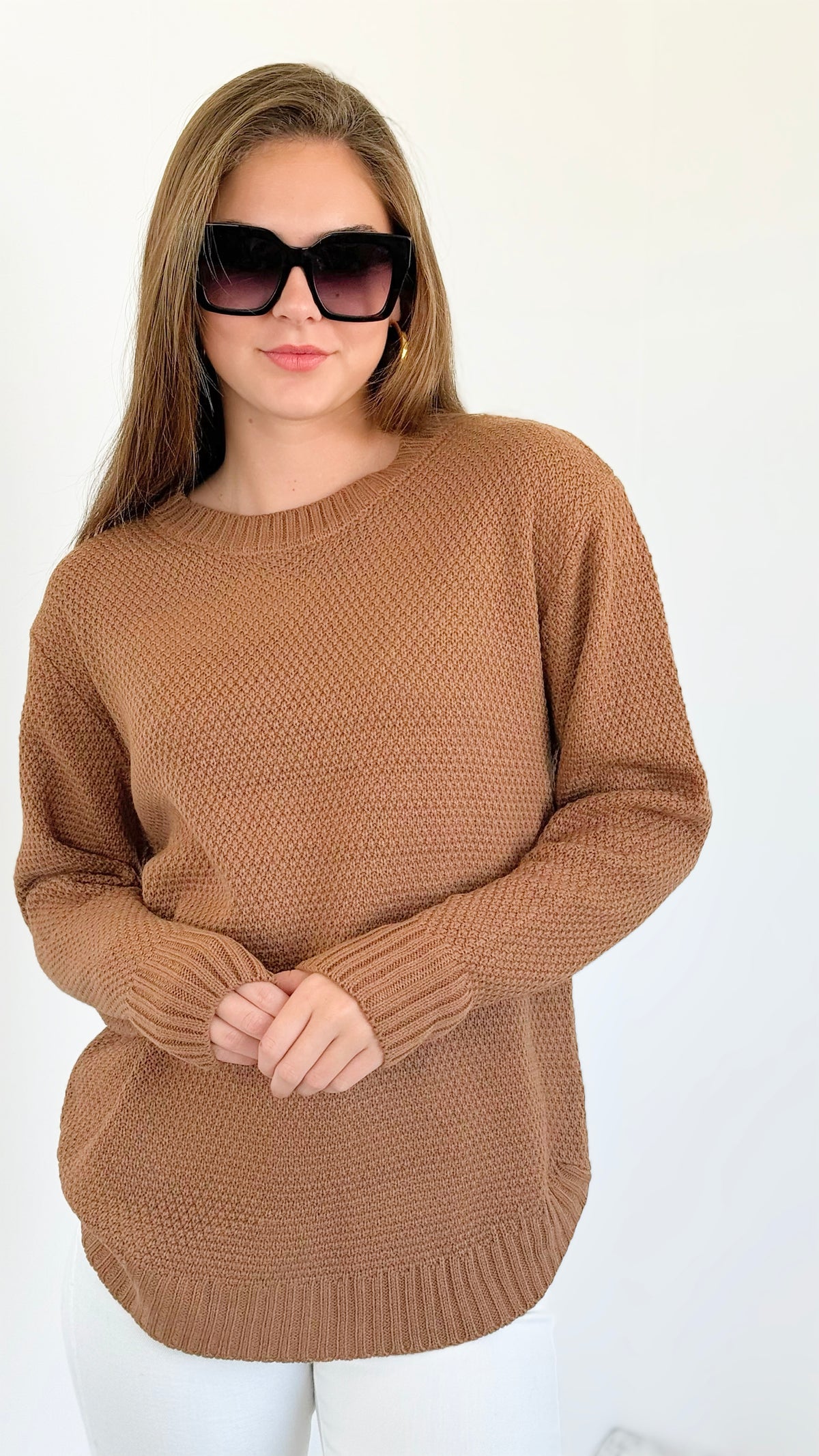 Round Neck Basic Sweater - Deep Camel-140 Sweaters-Zenana-Coastal Bloom Boutique, find the trendiest versions of the popular styles and looks Located in Indialantic, FL