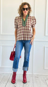 Checked Charm Puff Sleeve Top - Taupe-110 Short Sleeve Tops-entro-Coastal Bloom Boutique, find the trendiest versions of the popular styles and looks Located in Indialantic, FL