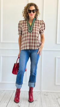 Checked Charm Puff Sleeve Top - Taupe-110 Short Sleeve Tops-entro-Coastal Bloom Boutique, find the trendiest versions of the popular styles and looks Located in Indialantic, FL