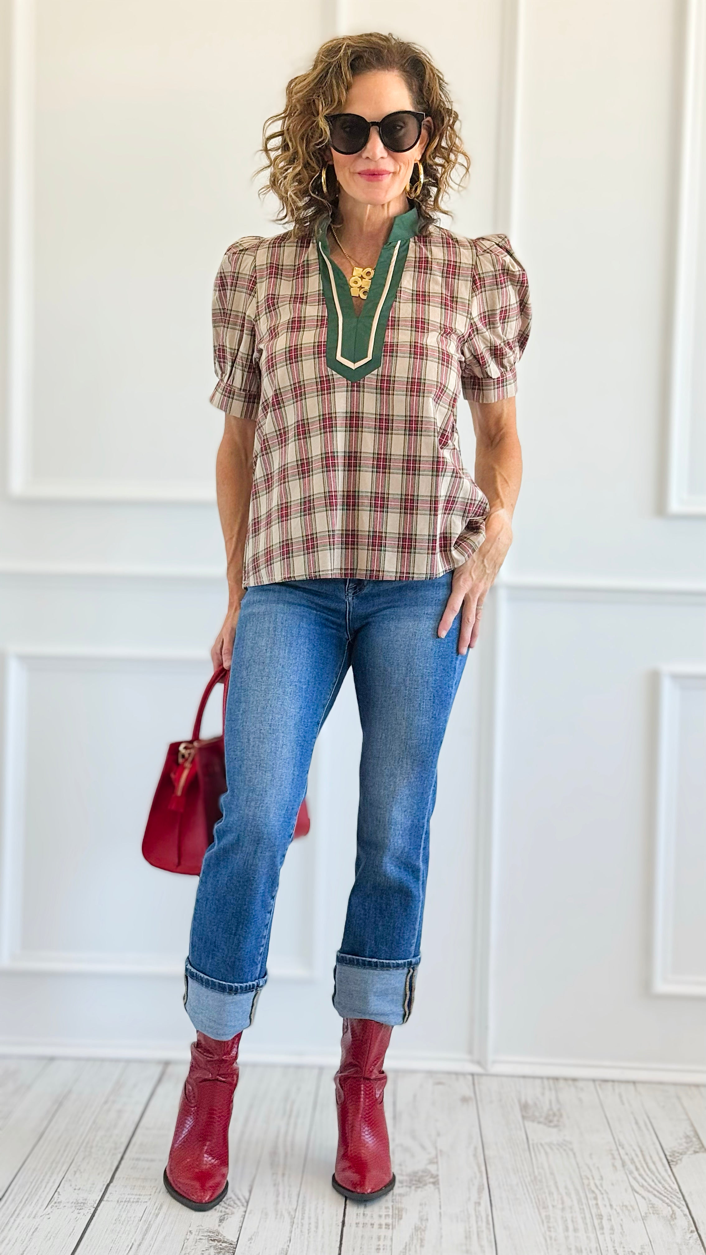 Checked Charm Puff Sleeve Top - Taupe-110 Short Sleeve Tops-entro-Coastal Bloom Boutique, find the trendiest versions of the popular styles and looks Located in Indialantic, FL