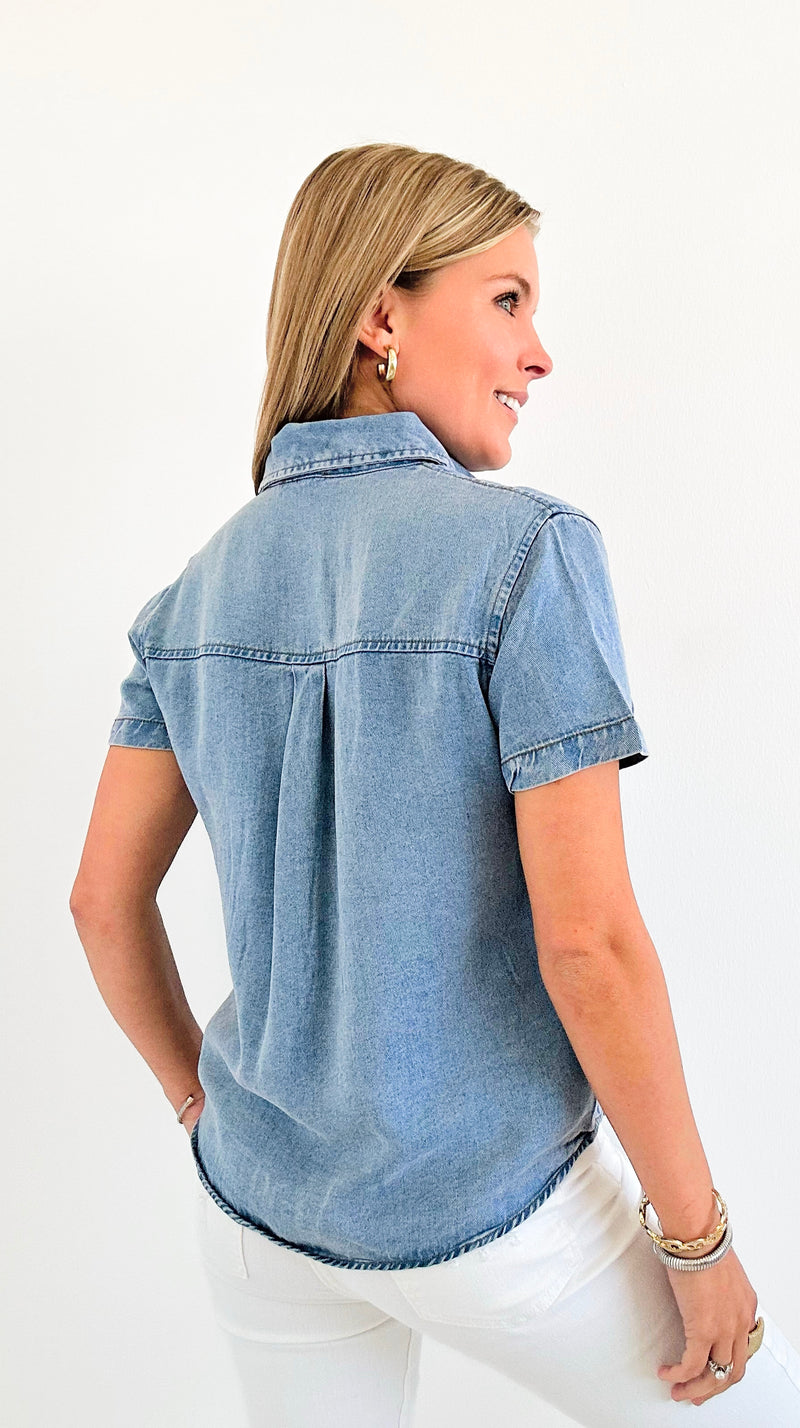 Short Sleeve Denim Pocket Top-110 Short Sleeve Tops-Blu Pepper-Coastal Bloom Boutique, find the trendiest versions of the popular styles and looks Located in Indialantic, FL