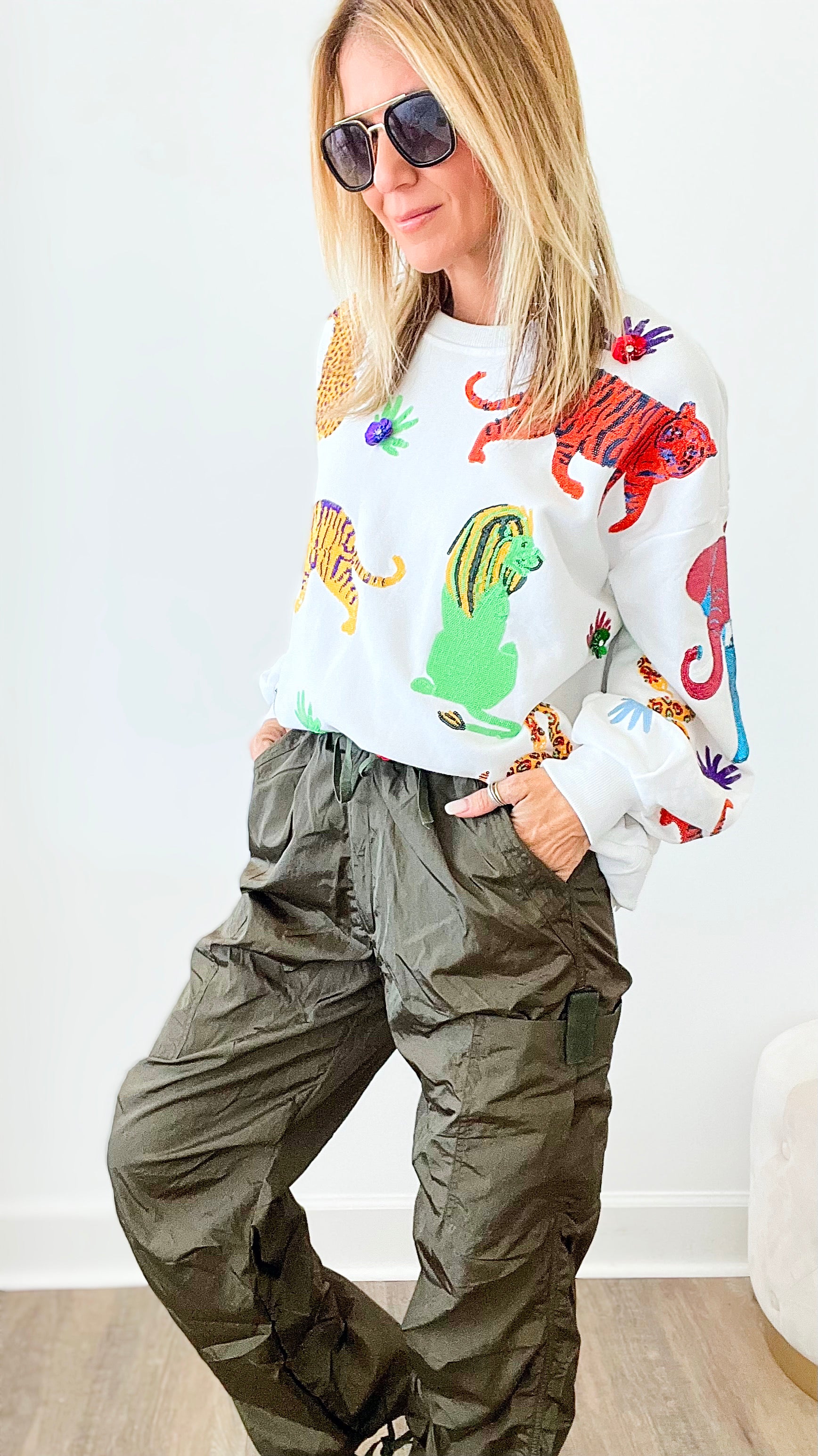 Walk About The Zoo Queen of Sparkles Sequin Sweatshirt - White-130 Long Sleeve Tops-Queen of Sparkles-Coastal Bloom Boutique, find the trendiest versions of the popular styles and looks Located in Indialantic, FL
