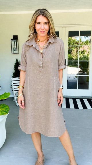 Island Relaxed Linen Italian Pocket Midi Dress- Taupe