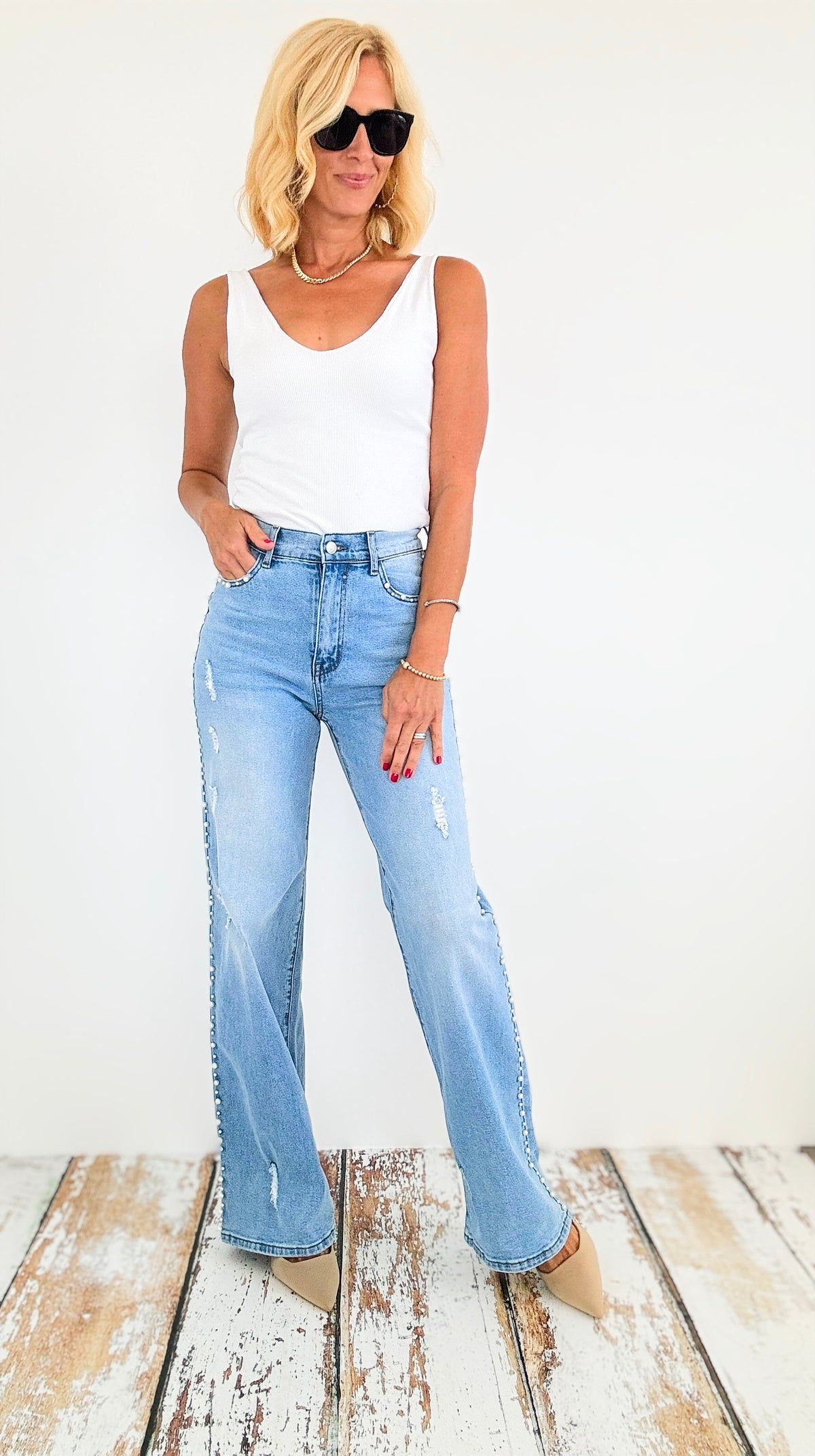 Ocean Pearl Embellished Jeans-190 Denim-Vibrant M.i.U-Coastal Bloom Boutique, find the trendiest versions of the popular styles and looks Located in Indialantic, FL