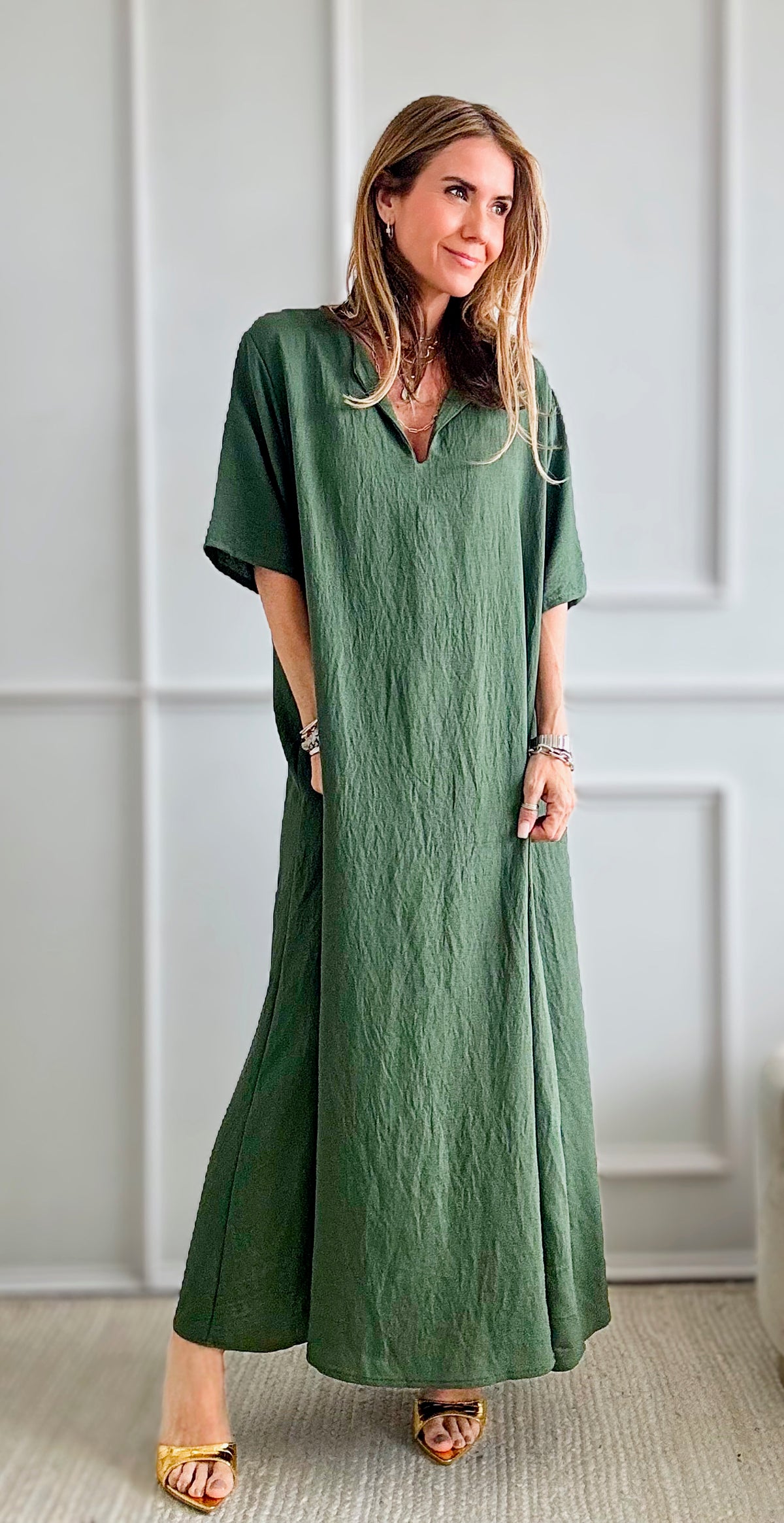 Linen Italian Dress W/Necklace - Olive-200 dresses/jumpsuits/rompers-Germany-Coastal Bloom Boutique, find the trendiest versions of the popular styles and looks Located in Indialantic, FL