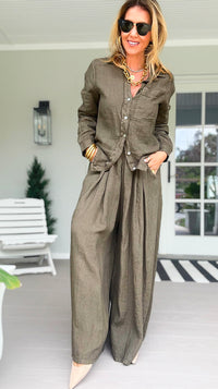 The Finley Linen Italian Pant- Army Green
