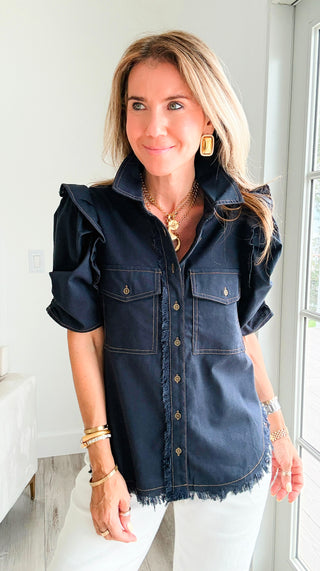 Linen Ruffle Button-Up Shirt - Dark Navy
