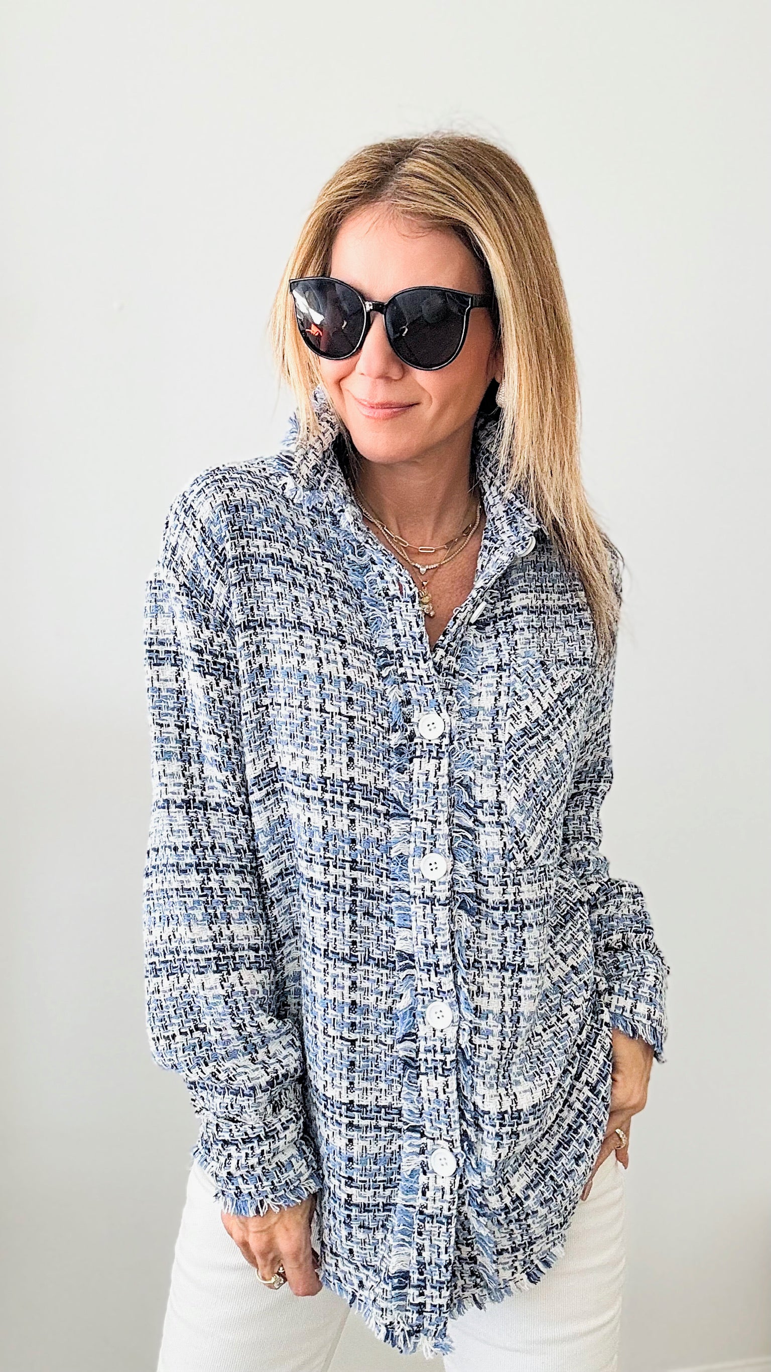 Bouclé Tweed Relaxed Shacket - Blue-160 Jackets-Rousseau-Coastal Bloom Boutique, find the trendiest versions of the popular styles and looks Located in Indialantic, FL