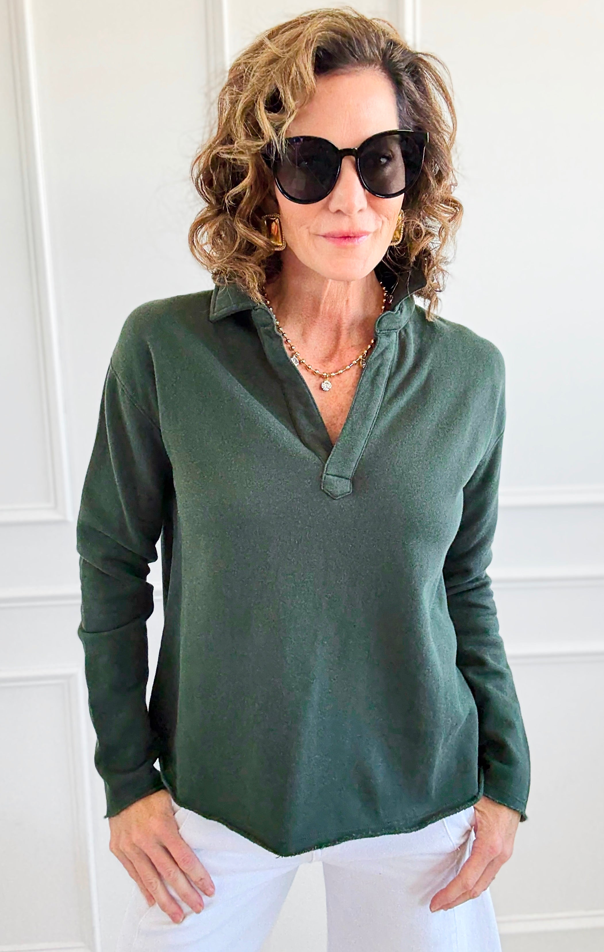 Eileen Cozy Lounge Collar Pullover Top - Deep Forest-110 Long Sleeve Tops-Mono B-Coastal Bloom Boutique, find the trendiest versions of the popular styles and looks Located in Indialantic, FL